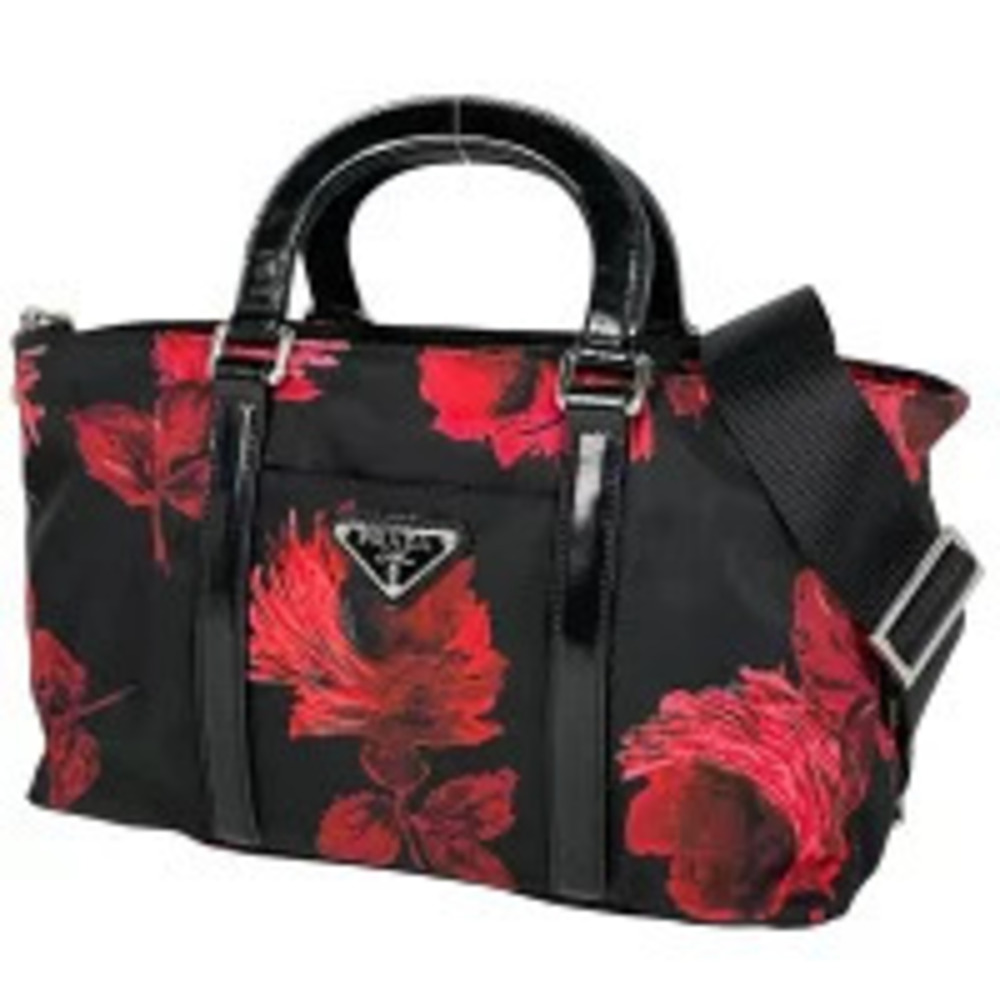 Prada Plate Handbag Rose Pink Flower Shoulder Bag Nero Black Red